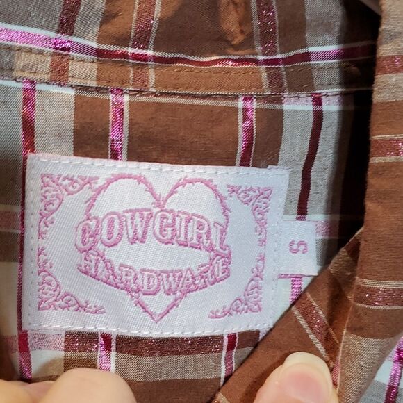 Cowgirl Hardware Sz S Brown Pink Metallic Plaid Studded Pearl Snap Western Shirt - Picture 8 of 9